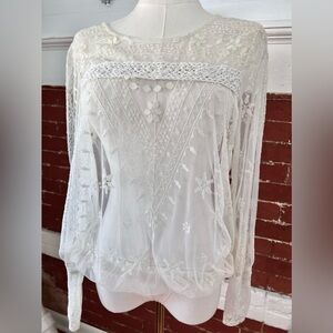 Free People Sheer Embroidered V Back Blouse Ivory Mesh Bohemian Holiday